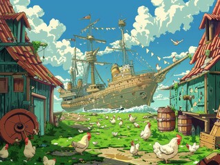 a ship is being pushed into the water by chickens