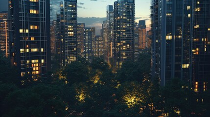 Urban Twilight: Aerial View of Cityscape and Trees