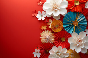 Artificial flower bouquet with paper flowers on a vibrant red background