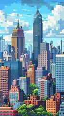 Obraz premium A pixel art style, showcases a dense cityscape, filled with myriad buildings and a playful charm that whispers of urban mysteries and adventures.