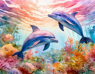 watercolor underwater seascape of dolphins in coral reef background wallpaper