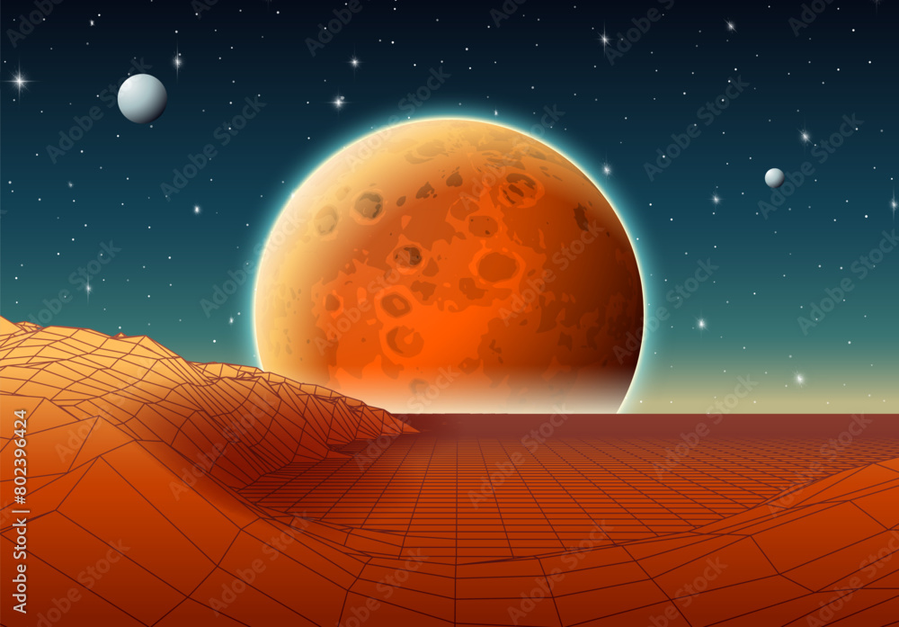 Poster retro futuristic landscape with mountains and sun in deep space. 80s styled synthwve landscape with 