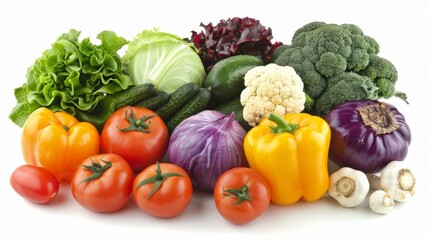 Fresh organic vegetables on white background, nutritious raw veggies display for healthy eating