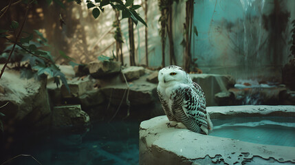 abandoned jungle waterpark, friendly snowy owl perched near ice box