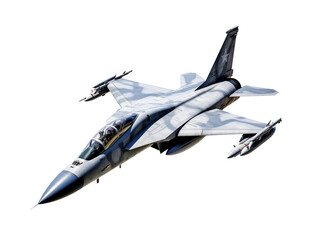 Modern fighter jet in flight, with detailed markings and armed with missiles, isolated on a transparent background. Generative AI