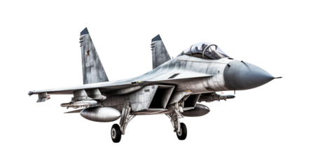 Modern fighter jet in flight, with detailed markings and armed with missiles, isolated on a transparent background. Generative AI