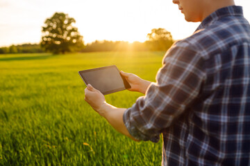 Digital tablet in the hands of a young farmer. Modern digital technologies. Agronomist at the farm. Business Farm.