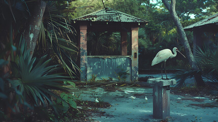 abandoned jungle waterpark, spoonbill in cabana