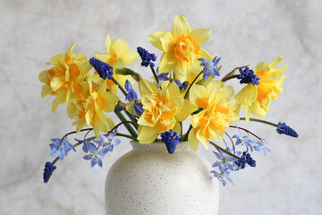 bouquet of narcissus and hyacinth close-up. spring bouquet.