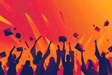 illustration of students celebrating their college premiere, holding up caps in the air, with soft gradients and muted colors Generative AI