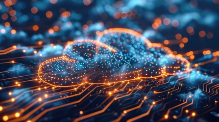 Digital illustration of a bright blue cloud composed of glowing particles over circuit board lines, representing cloud networking