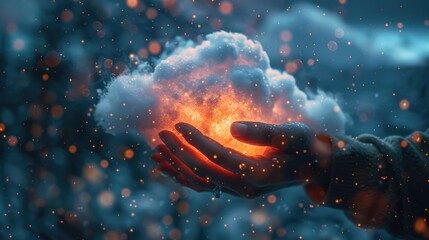 An intriguing image of a hand emerging from a wintry scene, holding a cloud with an inner fiery glow, symbolizing contrast and creation