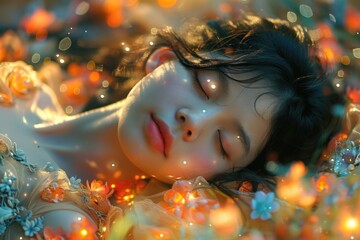 This image features a delicate depiction of a woman submerged in clear water surrounded by vivid flowers and soft light
