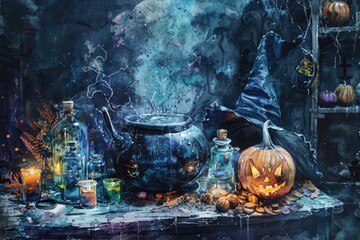 A painting of a witch's kitchen with a cauldron and pumpkins. Suitable for Halloween themes