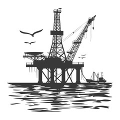 silhouette oil platform or oil derrick in the sea black color only