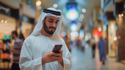 Tech-Savvy Saudi Man in White Thobe Shopping Online