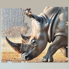 Fototapeta premium Charging Rhinoceros in Savanna Jigsaw Puzzle Captures Raw Power of Nature's Apex Predator