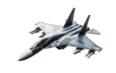 Modern fighter jet in flight, with detailed markings and armed with missiles, isolated on a transparent background. Generative AI