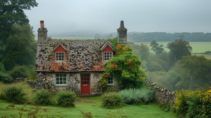 Fototapeta premium A charming countryside cottage nestled among rolling hills.Professional photographer perspective