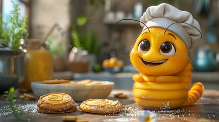 A cute worm cartoon character wearing a chefs hat and apron