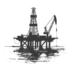 silhouette oil platform or oil derrick in the sea black color only