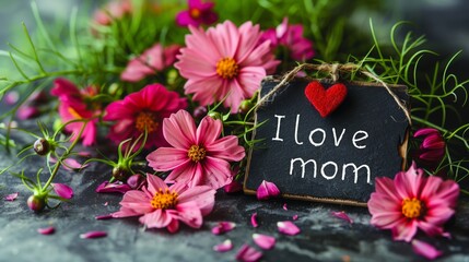 A greeting of I love mom surrounded by pink flowers and green grass