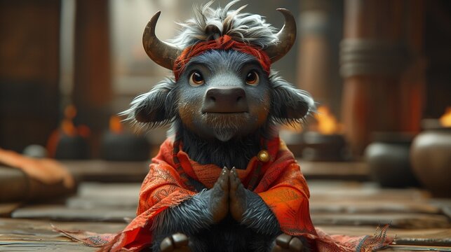 A Determined Yak Cartoon Character Doing Yoga And Stretching Exercises.