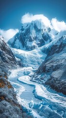 A majestic glacier carving its way through rugged terrain.Professional photographer perspective