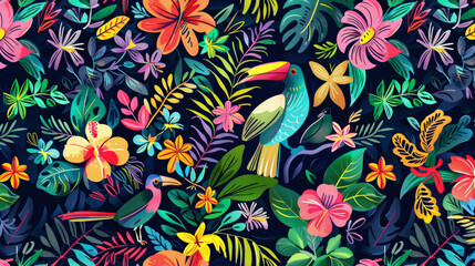 Seamless pattern background with vibrant colors of tropical rainforests, birds and flowers.