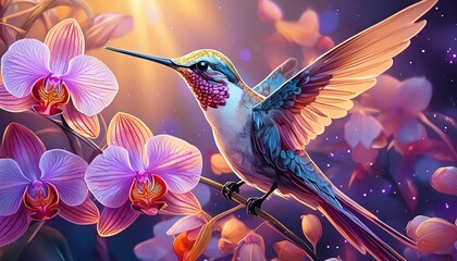 Naklejka premium Vivid Hummingbird in Flight, Wildlife Beauty Amid Tropical Blooms
