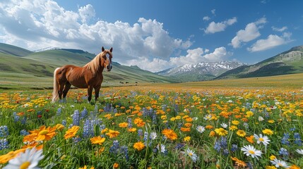 A peaceful pasture with grazing horses and wildflowers.Professional photographer perspective