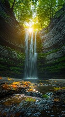 A picturesque waterfall hidden deep in the forest.Professional photographer perspective