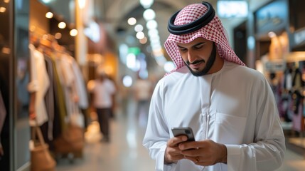 Digital Retail in Saudi Arabia: Man in Thobe Shopping on Mobile