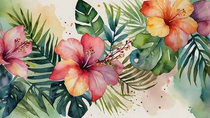 watercolor botanical paradise, Design a lush, tropical-inspired backdrop for a destination wedding invitation.