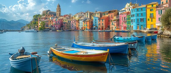 A picturesque coastal town with colorful fishing boats.Professional photographer perspective