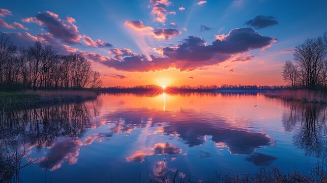 A serene sunset over a calm lake.Professional photographer perspective