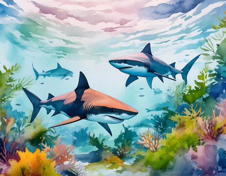 watercolor underwater ocean background with sharks swimming in coral reef backdrop wallpaper