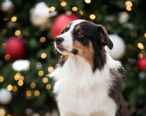 Australian shepherd poses in front of a Christmas tree