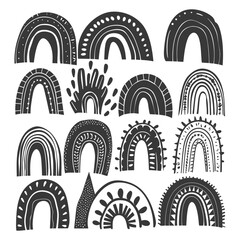 silhouette various rainbows doodle set hand drawn black color only
