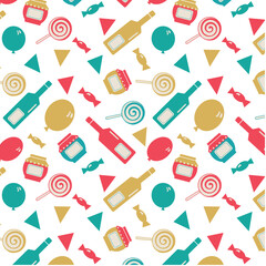 Seamless pattern with fairy elements. Vector Pattern with goods that are sold at the fair. Jam, sweets, balls, flags, wine, cakes, lollipops. For the design of banners, invitations, fairs