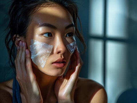 Serene Nighttime Skincare Ritual of an Asian Woman Replenishing and Repairing Her Skin