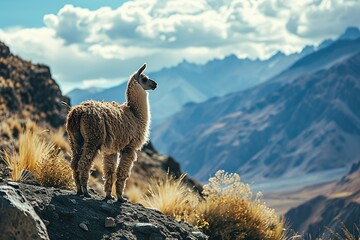 Fototapeta premium A brown and white llama stands on a rocky mountain