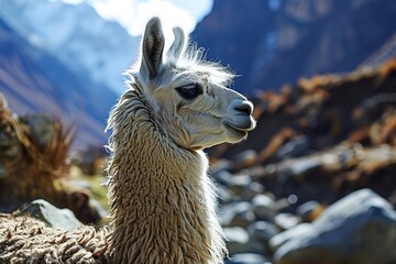 Obraz premium A white llama is standing in front of a mountain