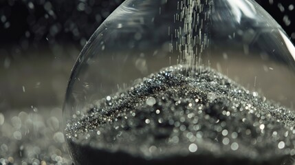 Close-up, high-resolution image of continuous sand flow in an hourglass, capturing each grain as it falls gracefully, symbolizing the inevitable passage of time
