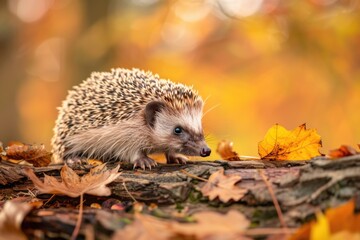 Fototapeta premium A hedge sitting on top of a pile of leaves. Suitable for autumn-themed designs