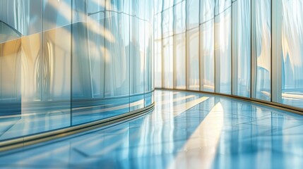 Close-up, high-resolution image of curved glass in an architectural design, showcasing the clarity and smooth, flowing lines that reflect the surrounding light