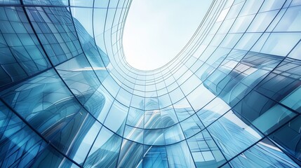 Obraz premium Close-up, high-resolution image of curved glass in an architectural design, showcasing the clarity and smooth, flowing lines that reflect the surrounding light