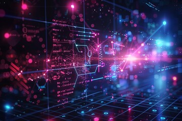 Fototapeta premium Abstract colorful image of an abstract glowing pink blue neon graphic data space with a lot of lines and dots