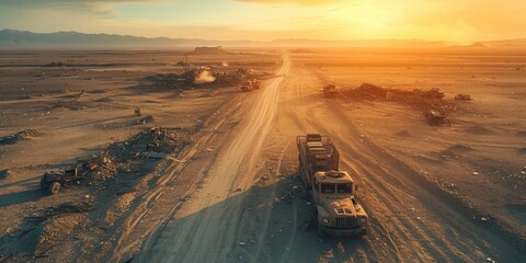 War Zone Ablaze: Bird’s-eye View of Desert Convoy Destruction