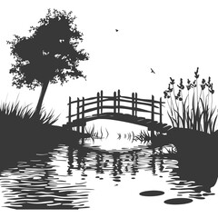 silhouette wooden bridge across the river full black color only